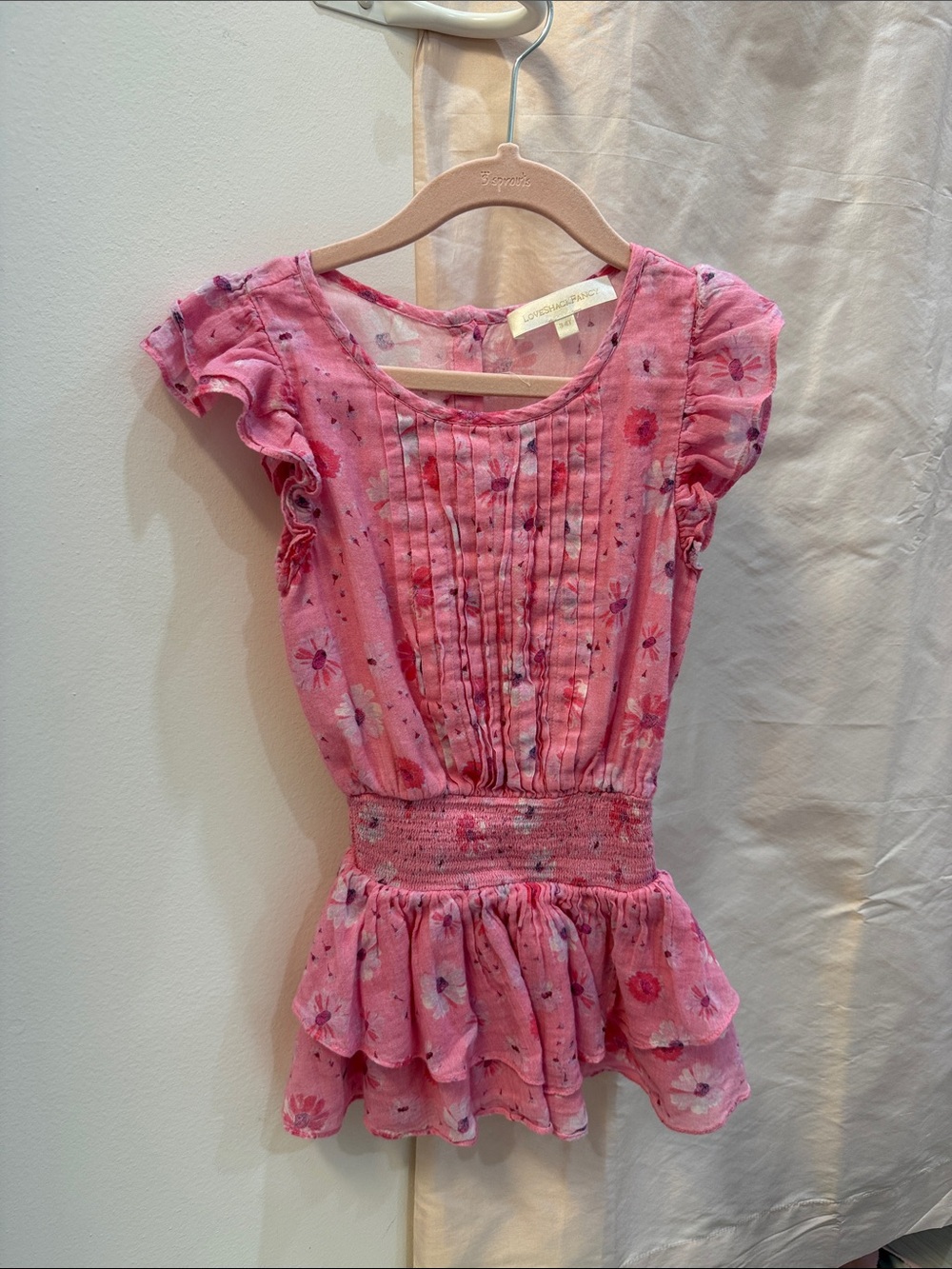 LoveShackFancy Pink Floral Pintuck Smocked Waist Tunic